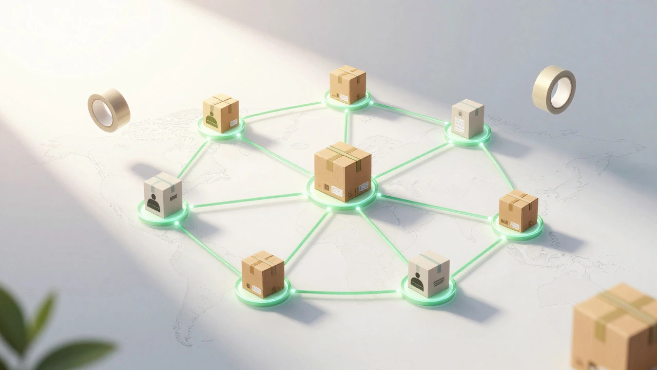 Green network diagram showing sustainable logistics and eco-packaging