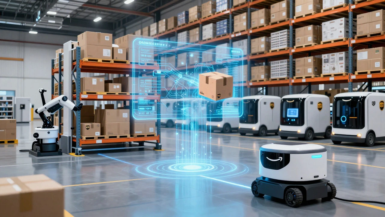 High-tech logistics center combining Amazon robotics and UPS route optimization technology with electric vehicles.
