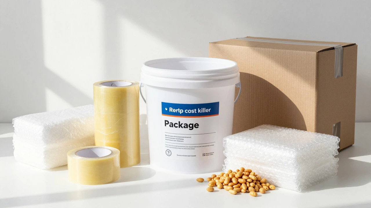 Packaging supplies including tape, bubble wrap, and box around a plastic bucket