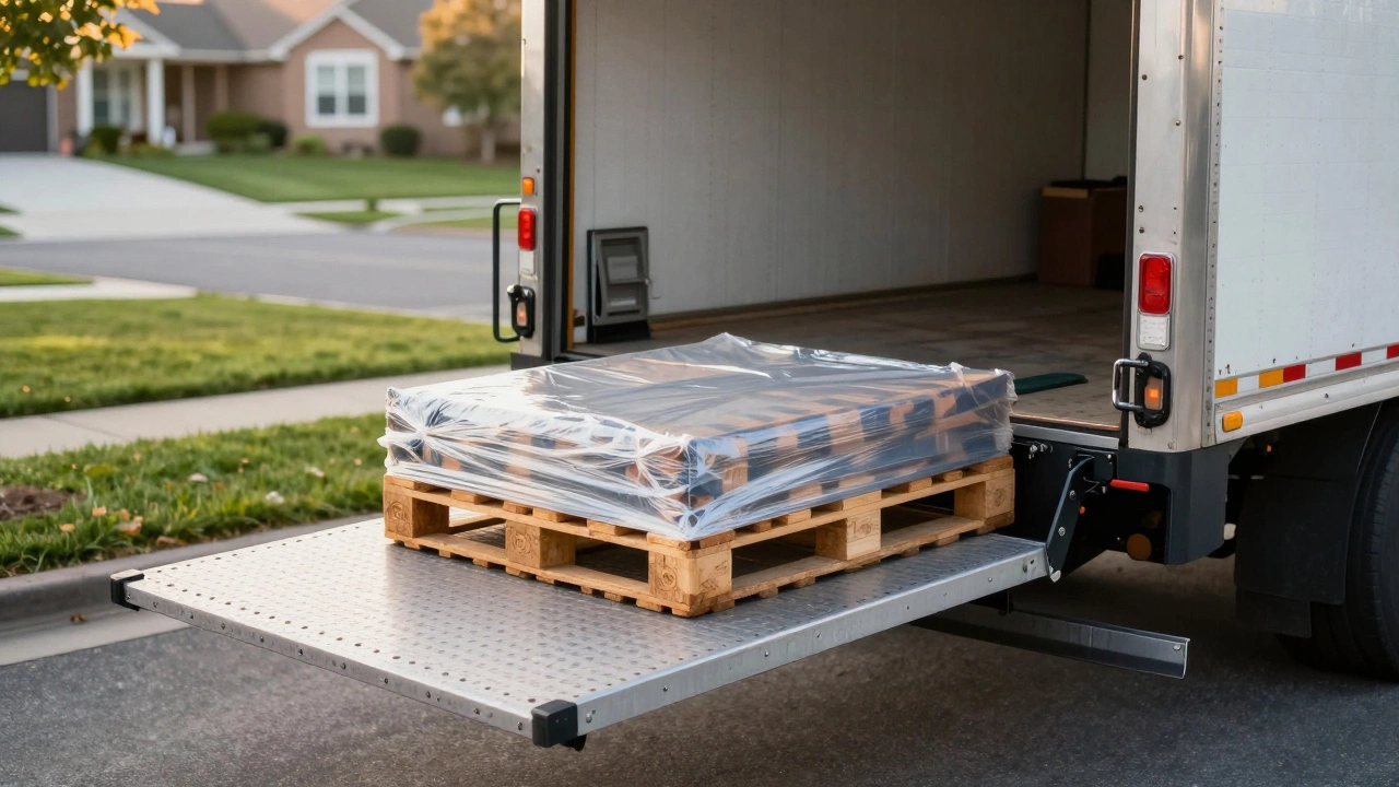 Pallet on a truck liftgate being delivered to a home driveway
