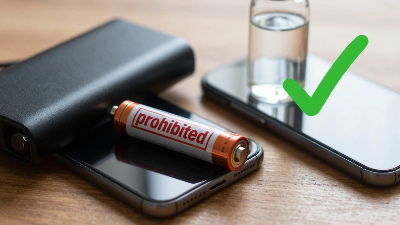 Smartphone, loose battery, and liquid bottle showing shipping restrictions