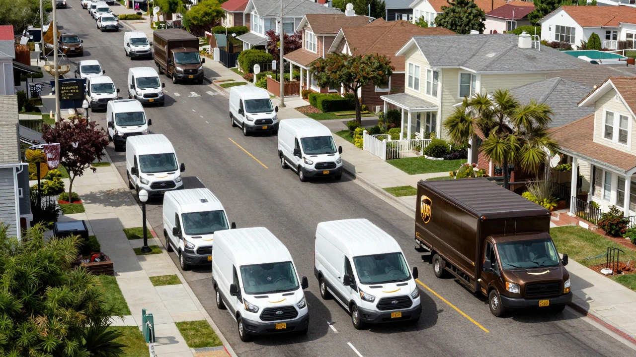 Urban street scene illustrating the difference between Amazon's high-density DSP vans and UPS's larger trucks.