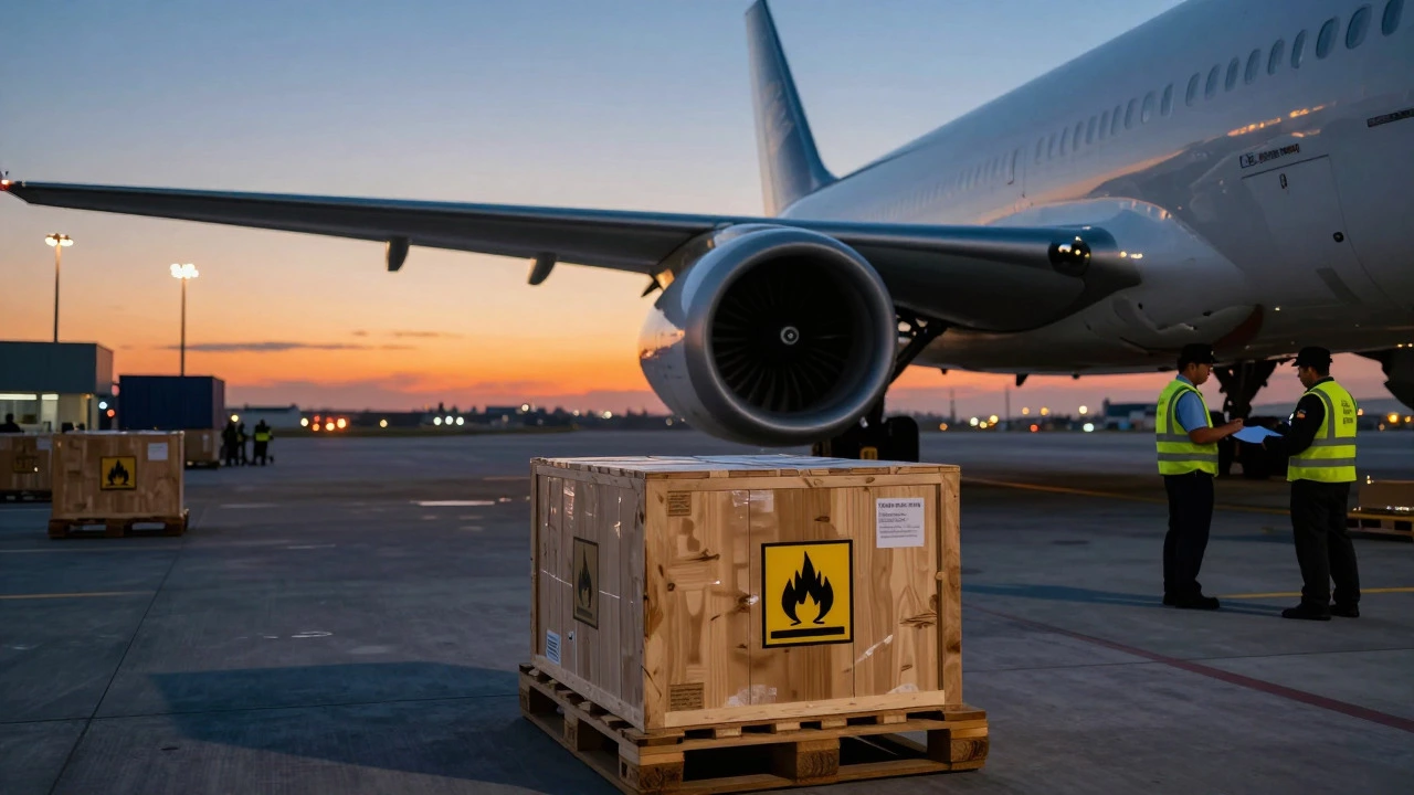 Wooden crate with hazard label on pallet near cargo plane at airport terminal