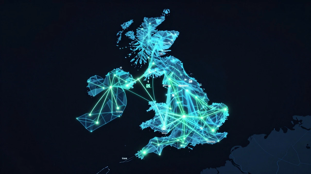 Abstract digital map of UK showing courier routes and sorting hubs