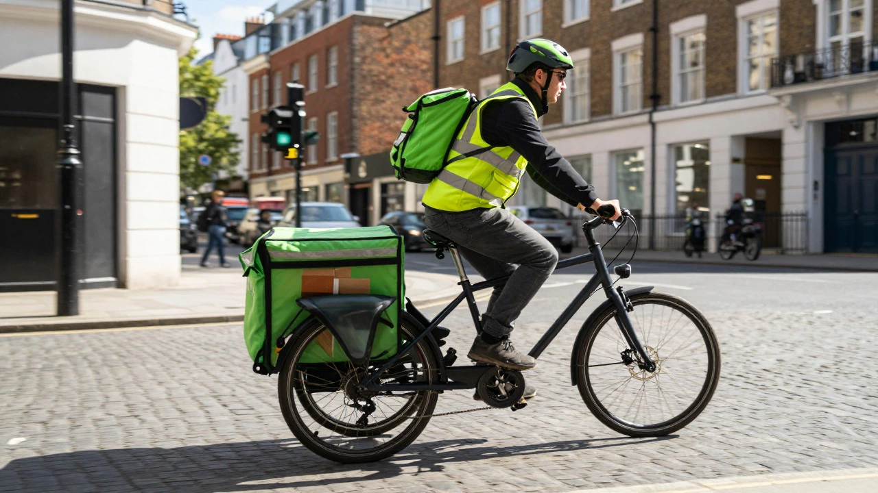Bike courier delivering a parcel on a busy UK city street