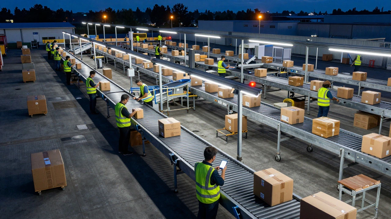 Busy logistics sorting hub with workers scanning packages at dusk