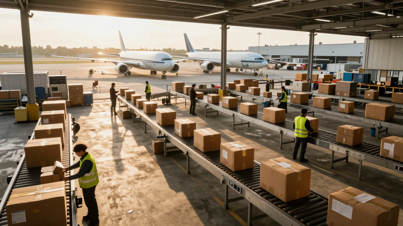 Busy logistics warehouse with conveyor belts and cargo planes at sunset
