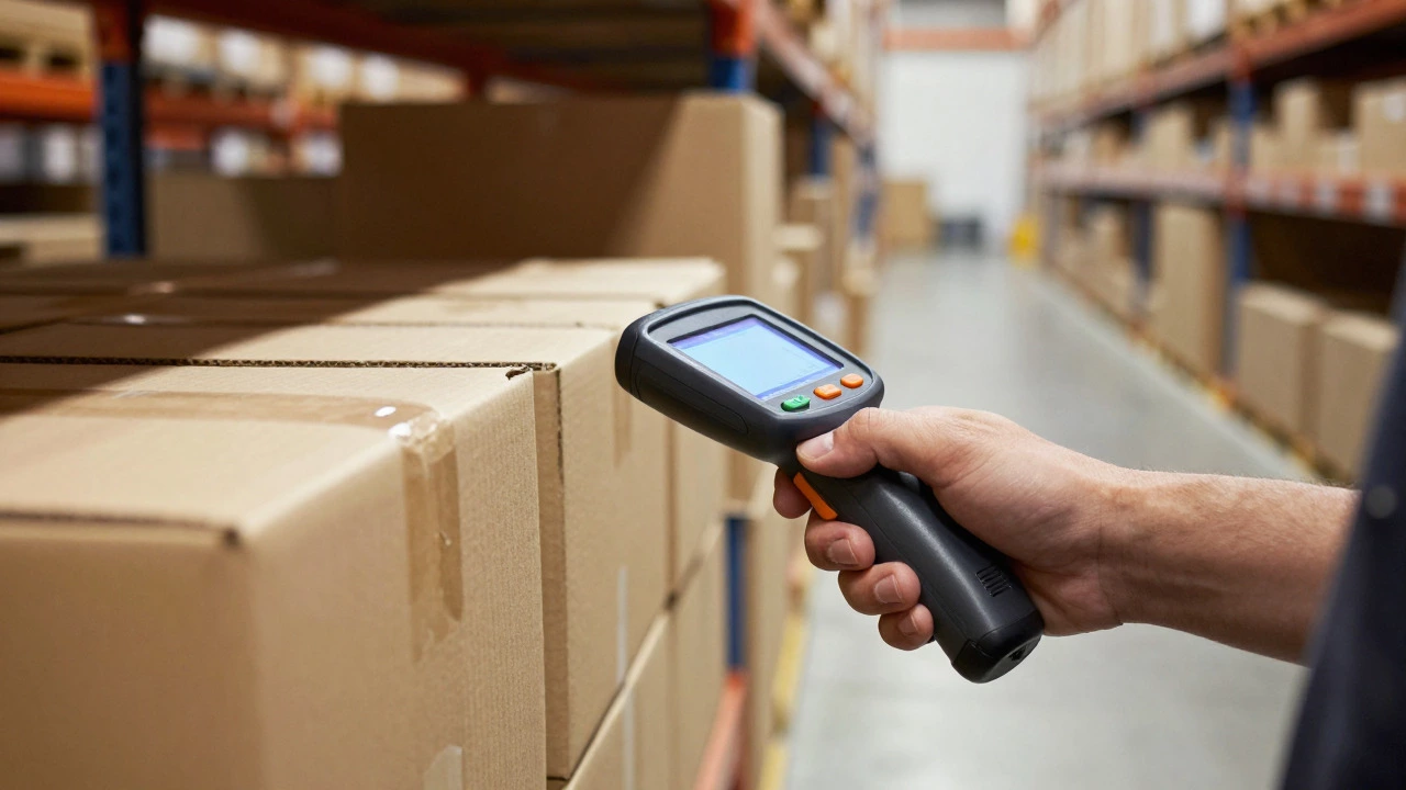 Close-up of hands using a barcode scanner on boxes in a warehouse aisle
