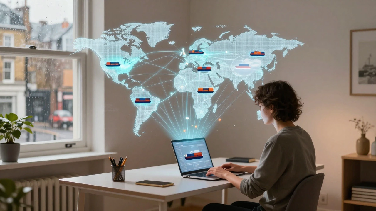 Conceptual art of a remote worker connected to a global shipping network via hologram