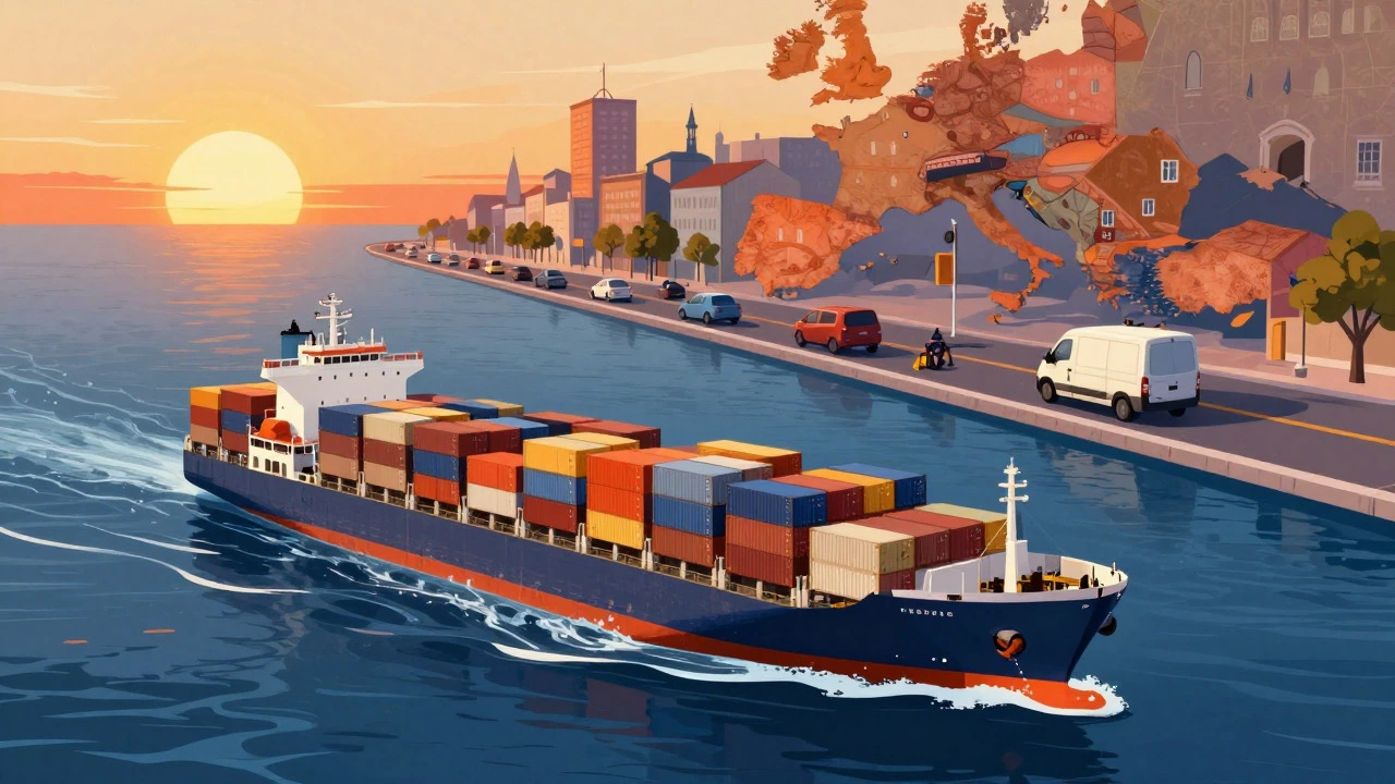 Conceptual art showing a cargo ship and a city delivery van
