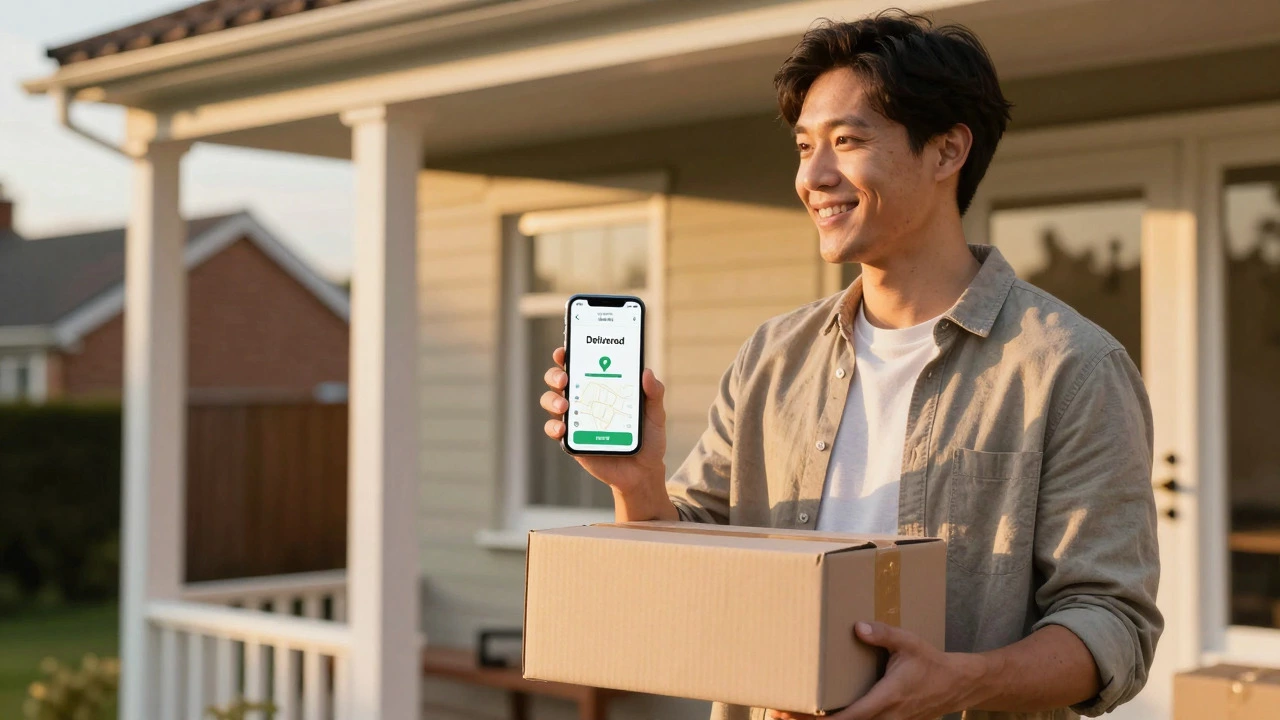 Customer receiving package on porch with phone
