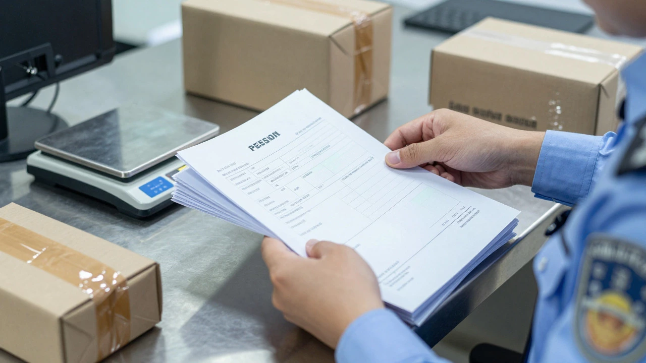 Customs officer inspecting shipping documents and a parcel