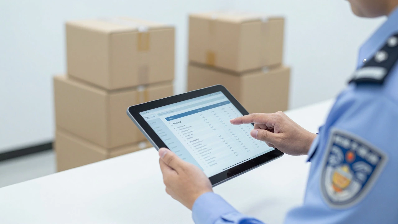 Customs officer reviewing digital shipment data in an inspection room