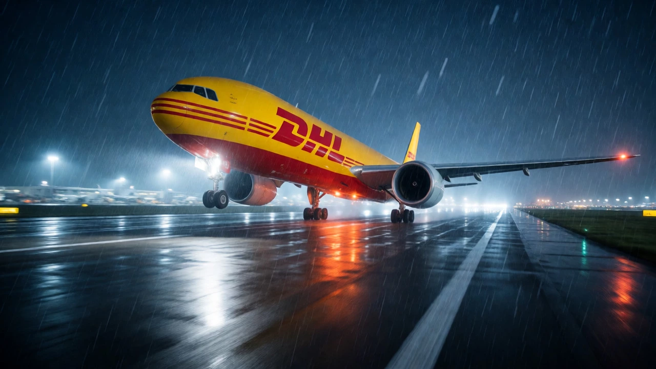 DHL cargo plane taking off from a rainy airport runway at night