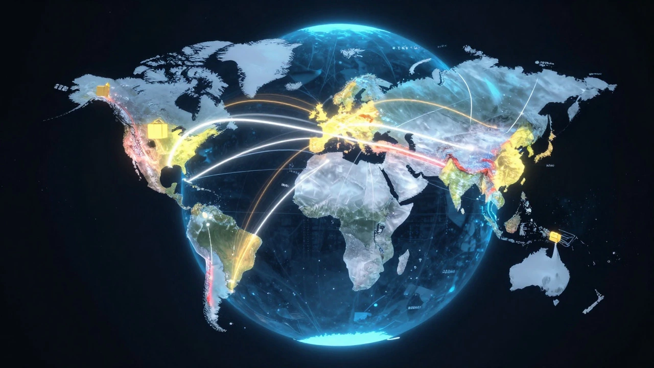 Glowing globe illustration showing global shipping routes