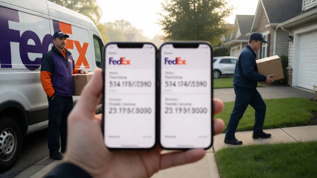Hand holding phones comparing FedEx and USPS deliveries