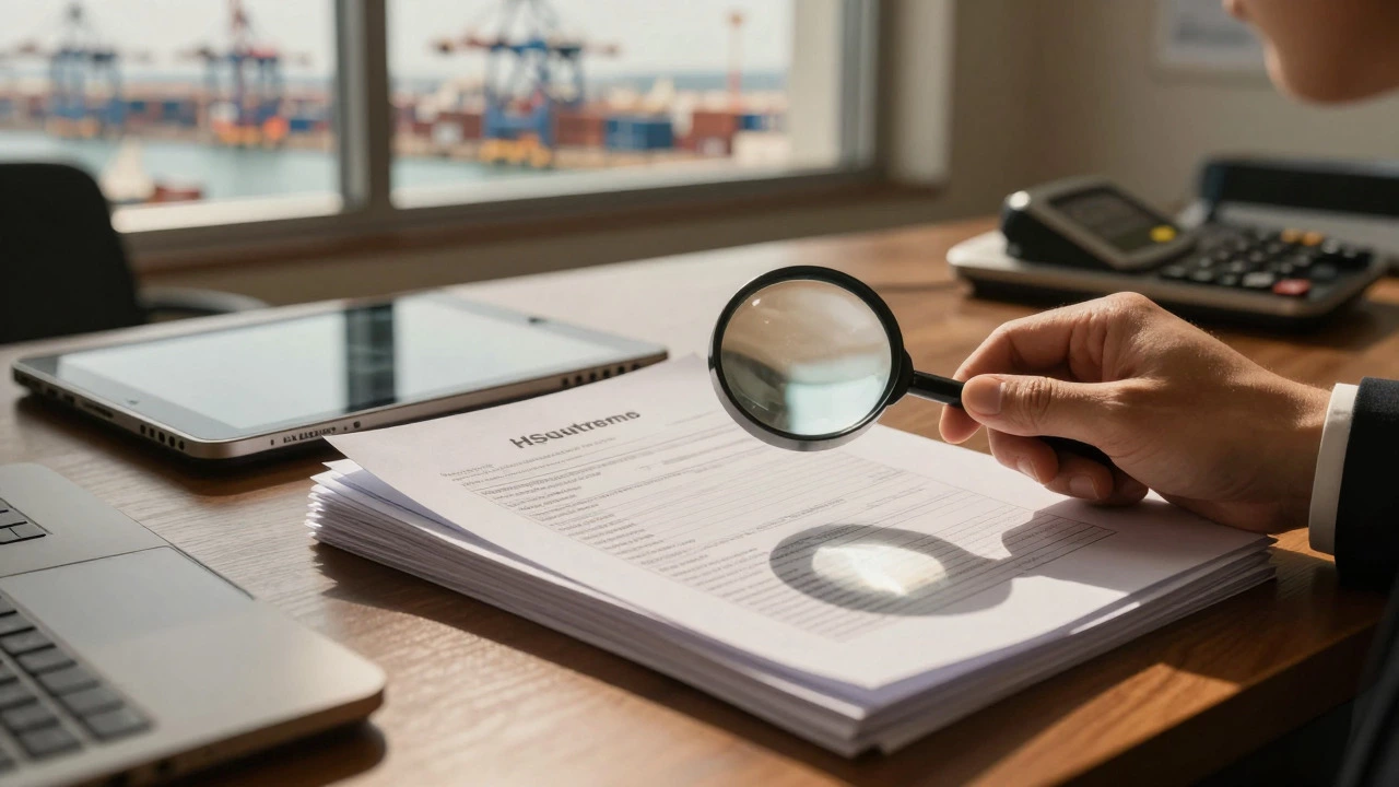 Hand inspecting shipping documents with a magnifying glass in an office