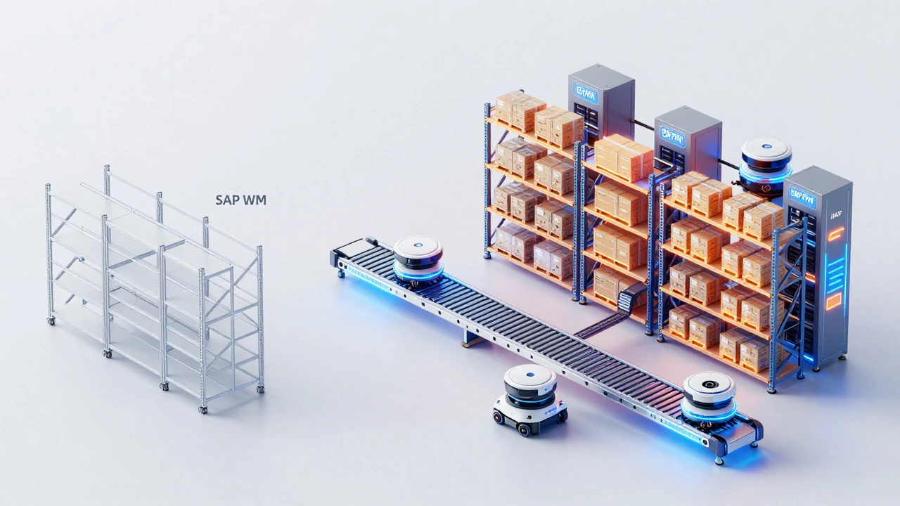 Illustration comparing basic shelving to automated robotics in warehousing