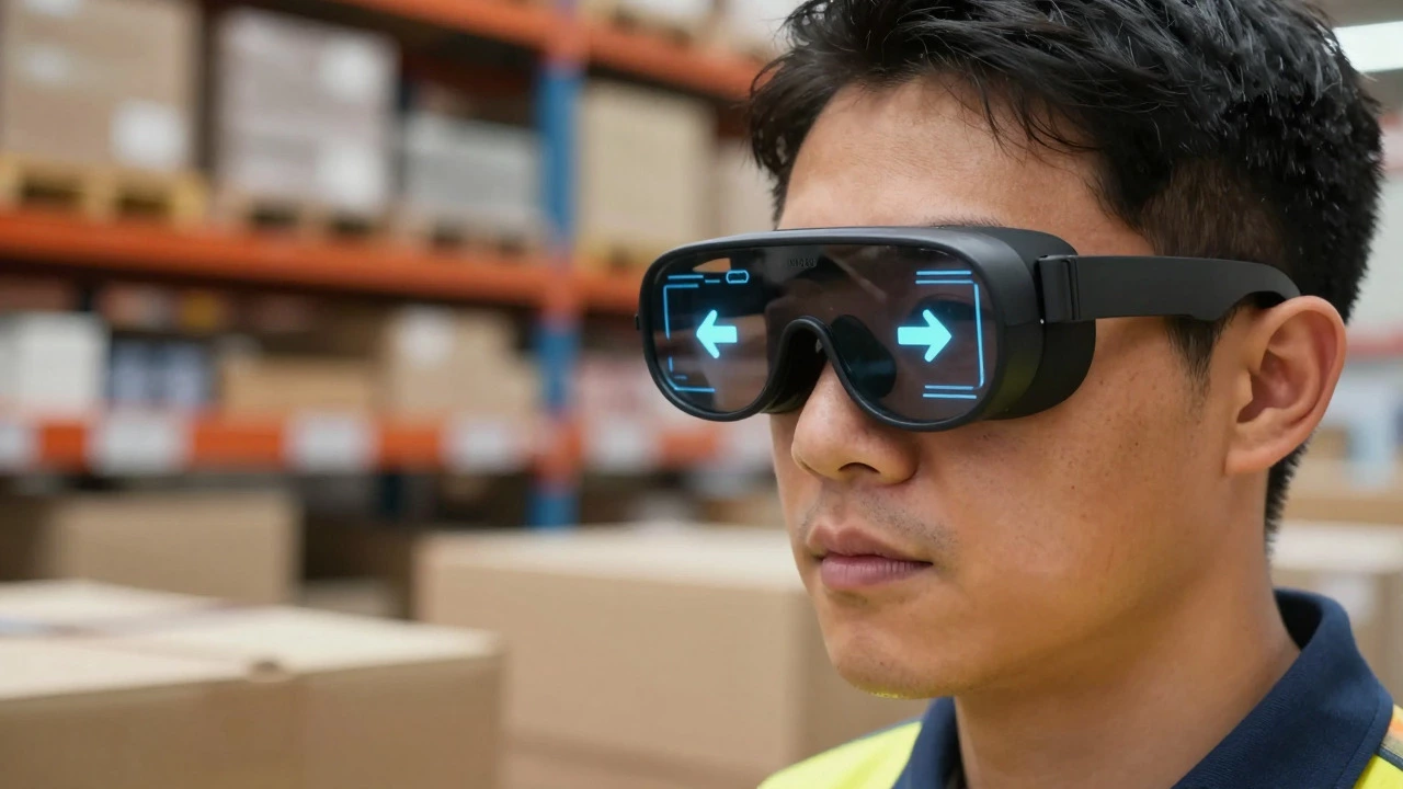 Picker using AR glasses to locate items on warehouse shelves