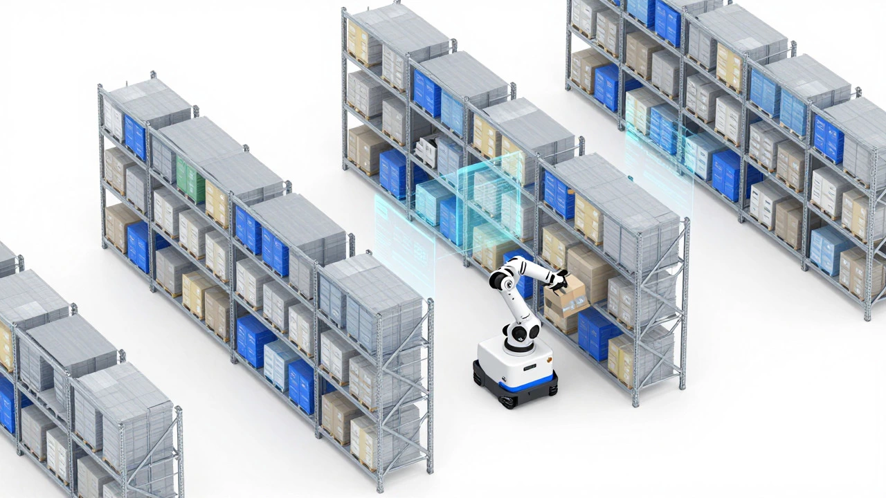 Robotic AGV retrieving items in a high-tech smart warehouse