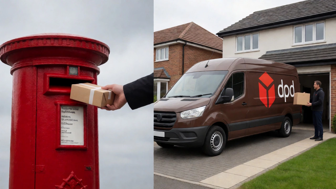 Royal Mail postbox and DPD van comparing delivery options