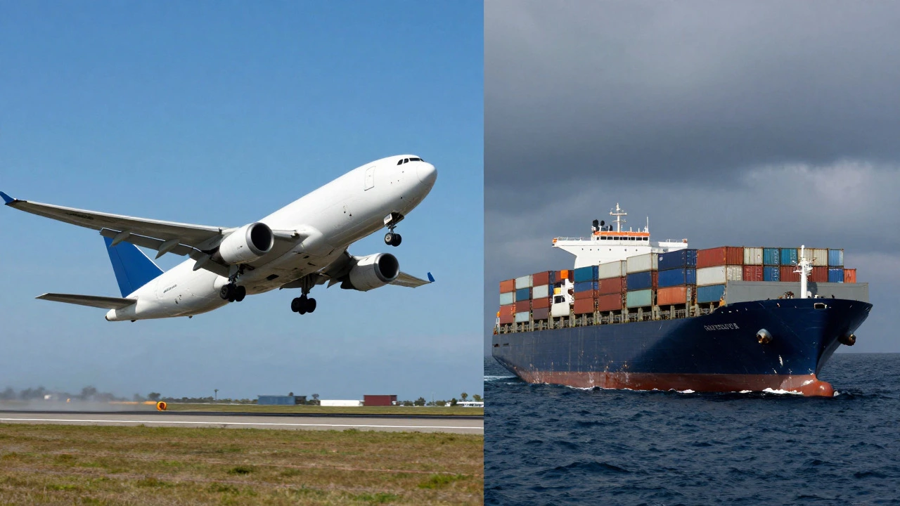 Split view of a cargo plane taking off and a container ship at sea