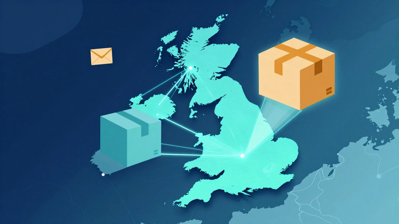 Stylized map of UK with glowing lines and floating packages representing shipping zones