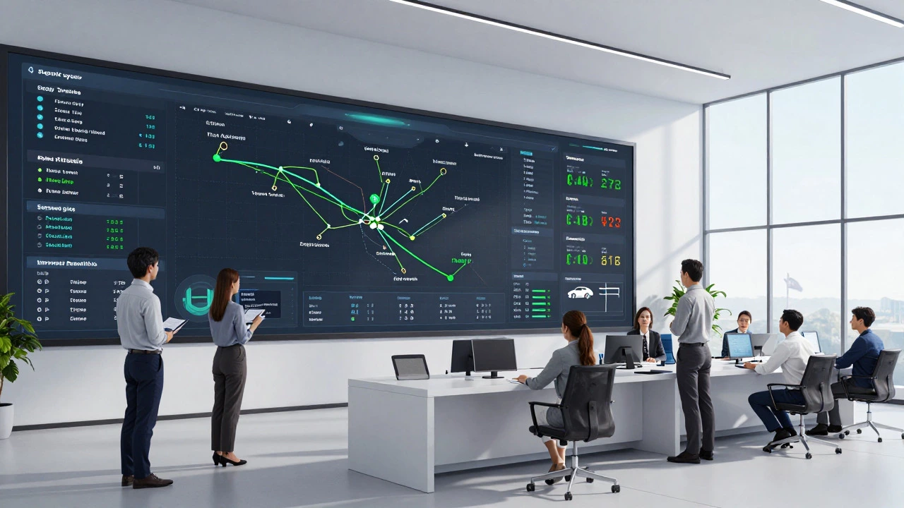 Team analyzing holographic supply chain data in modern logistics control room