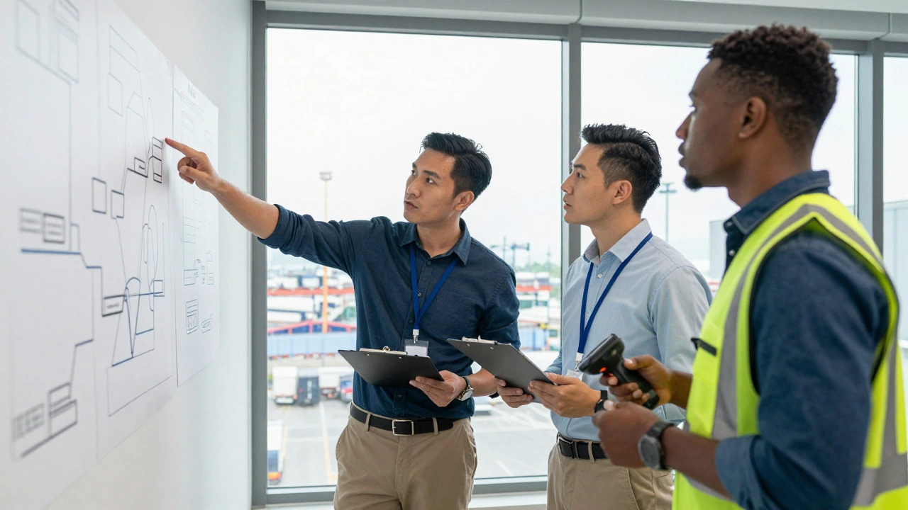 Team of logistics professionals analyzing supply chain data in office