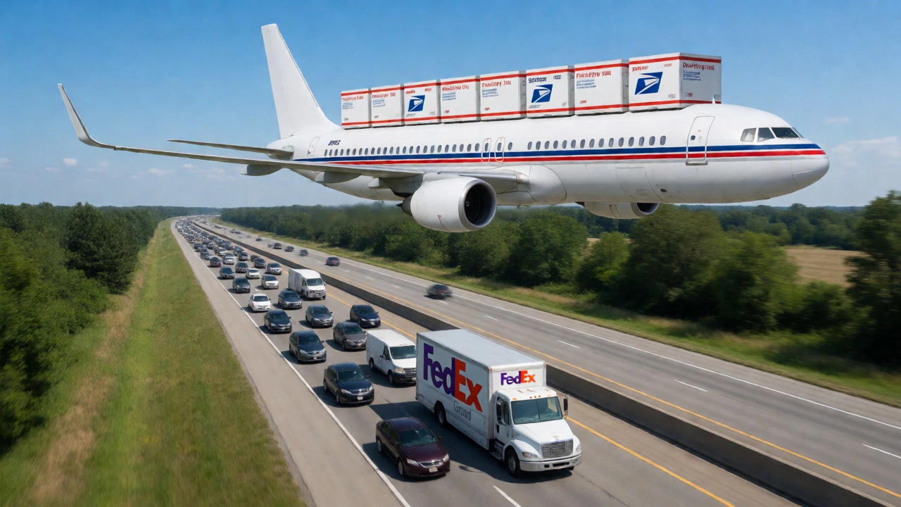 USPS plane flying over a FedEx truck stuck in traffic