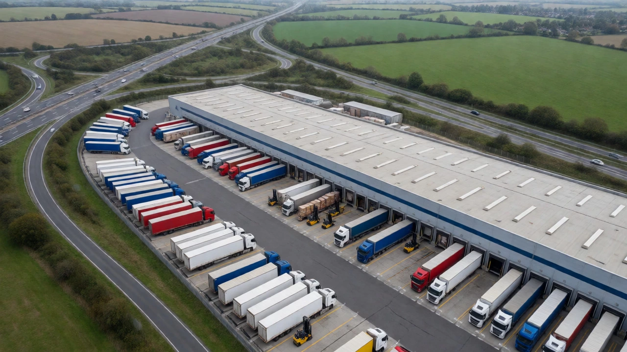 Aerial view of a cross-docking hub with trucks transferring goods directly