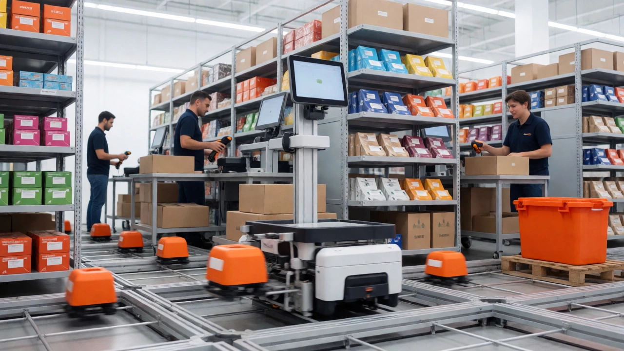 Automated robots and workers in a high-speed e-commerce fulfillment center