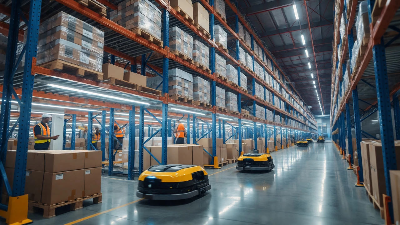 Automated warehouse with robots and workers managing inventory.