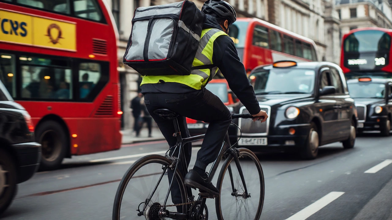 Bike courier riding through London traffic with a document bag