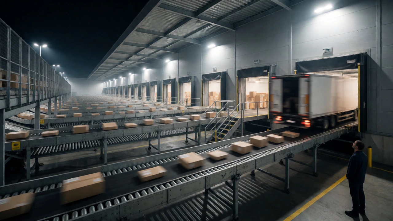 Busy overnight logistics facility highlighting peak season delivery pressure.