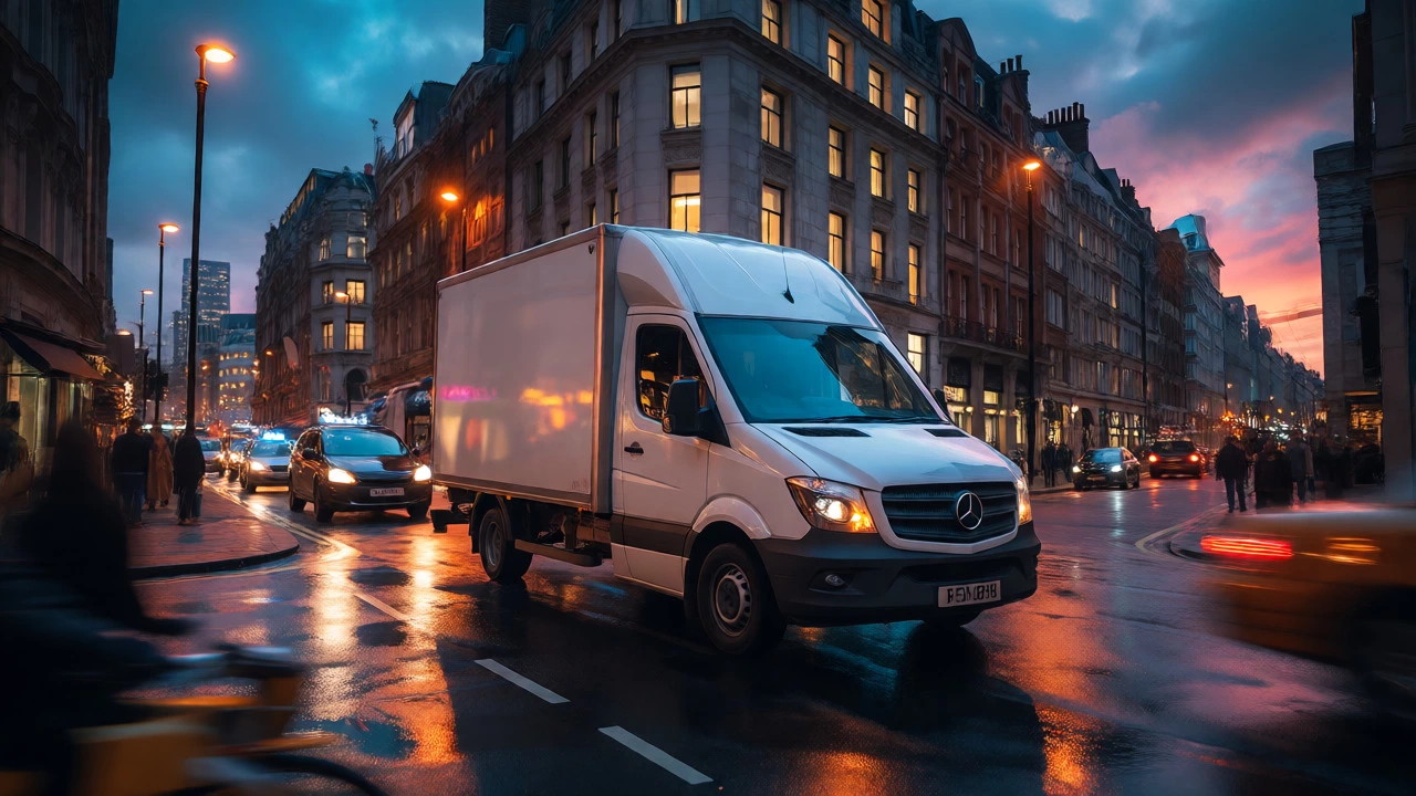 Courier van driving through busy London streets during evening rush hour.