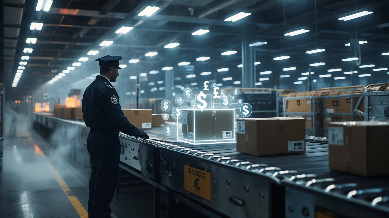 Customs officer inspecting packages at an airport cargo hub with tax symbols.