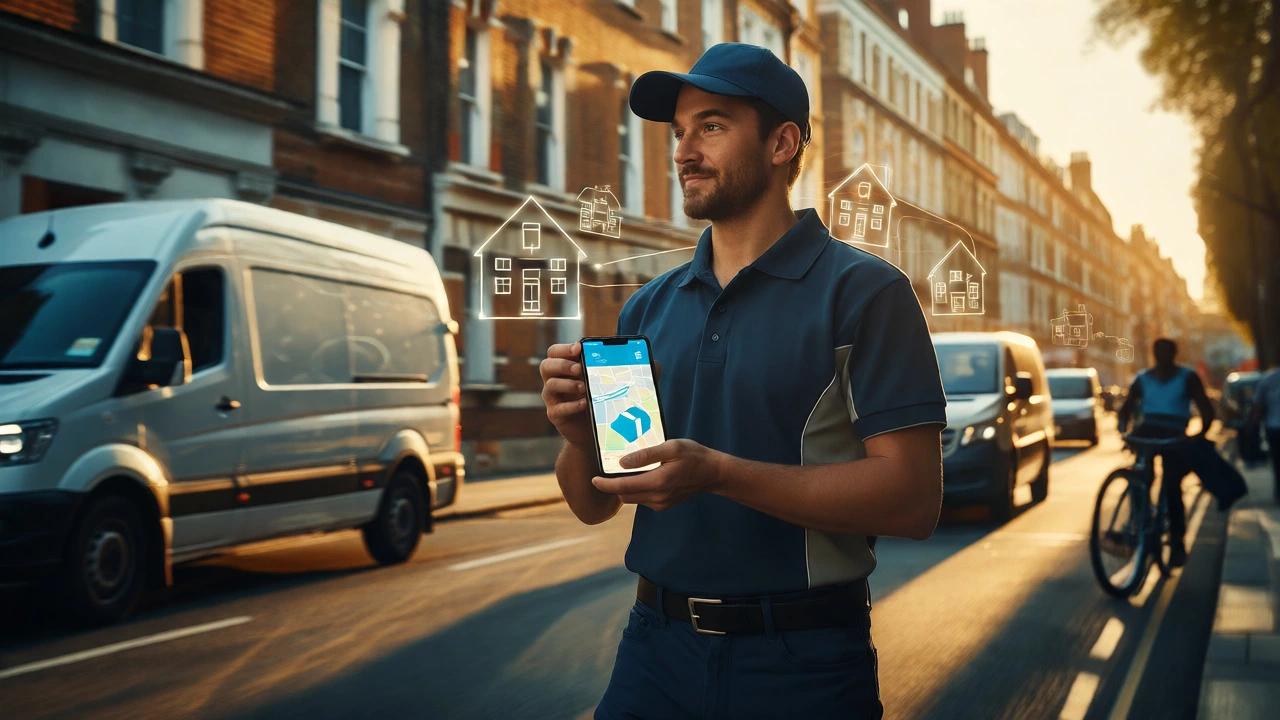 Delivery driver using a smartphone app for real-time tracking on a busy UK street during golden hour.