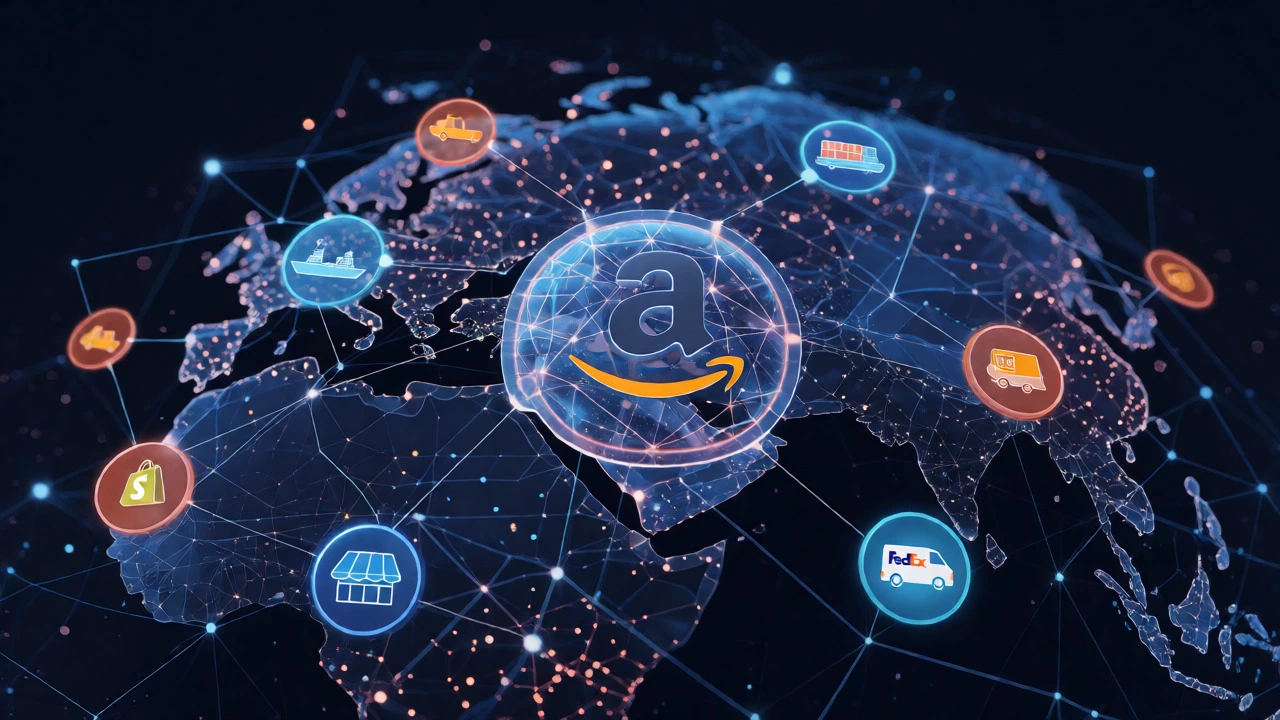 Digital concept art showing Amazon as a central hub connecting global logistics networks.