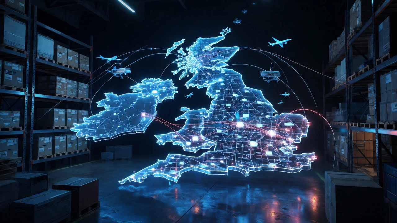 Holographic digital map showing supply chain routes and data flow over a warehouse.