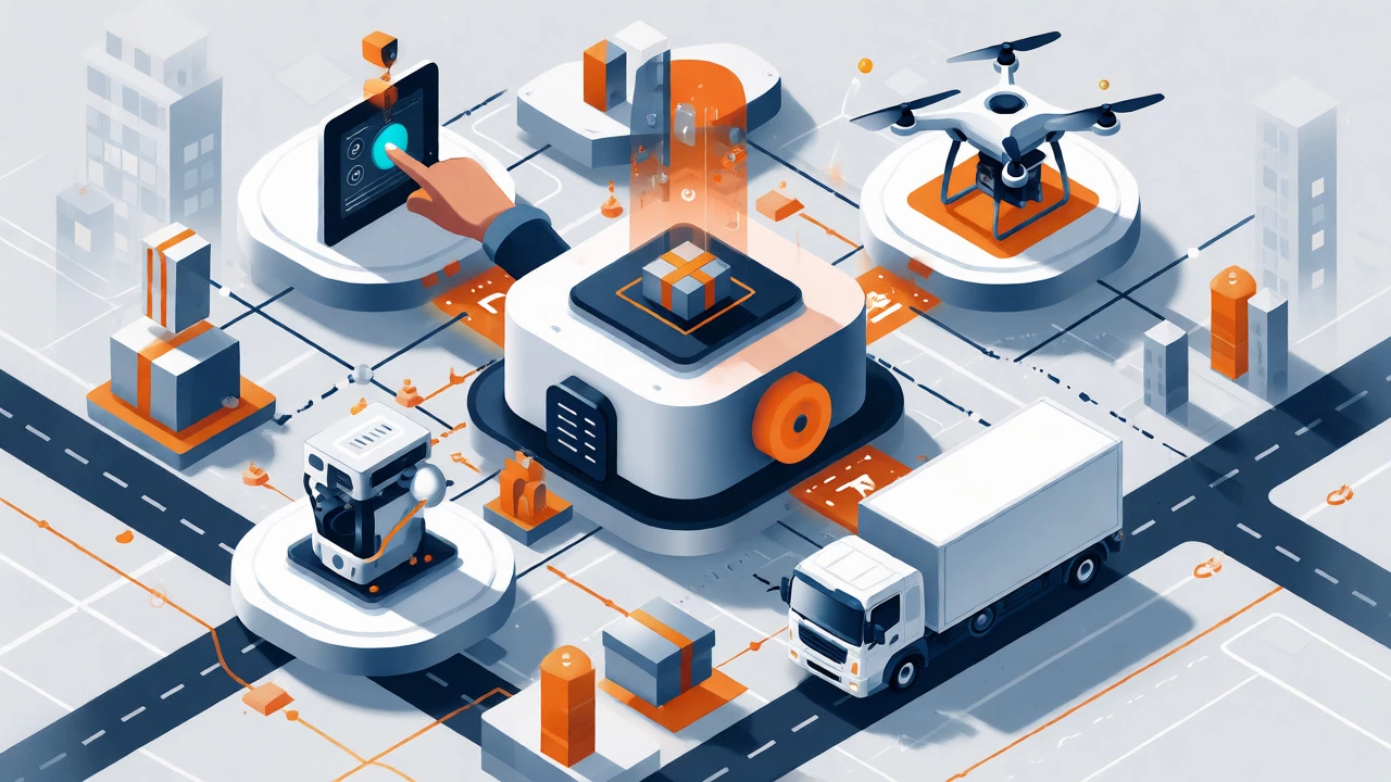 Isometric 3D diagram showing data flowing from customer order to automated delivery in an e-logistics network.