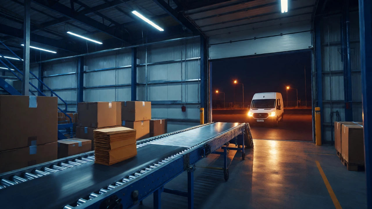 Nighttime view of letters moving on a conveyor belt in a logistics hub