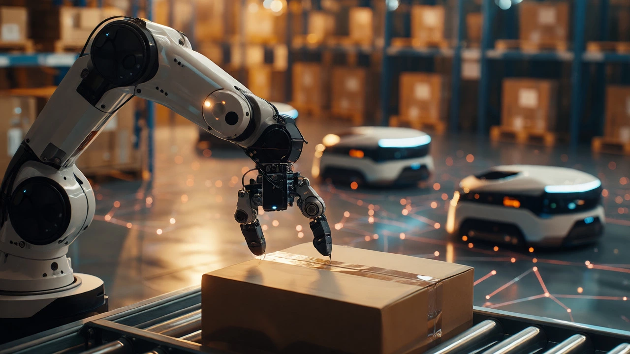 Robotic arm handling packages while autonomous robots navigate in the background.