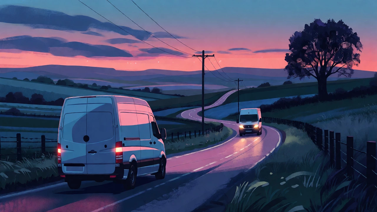 Rural road at twilight with a courier van leaving as daylight fades.