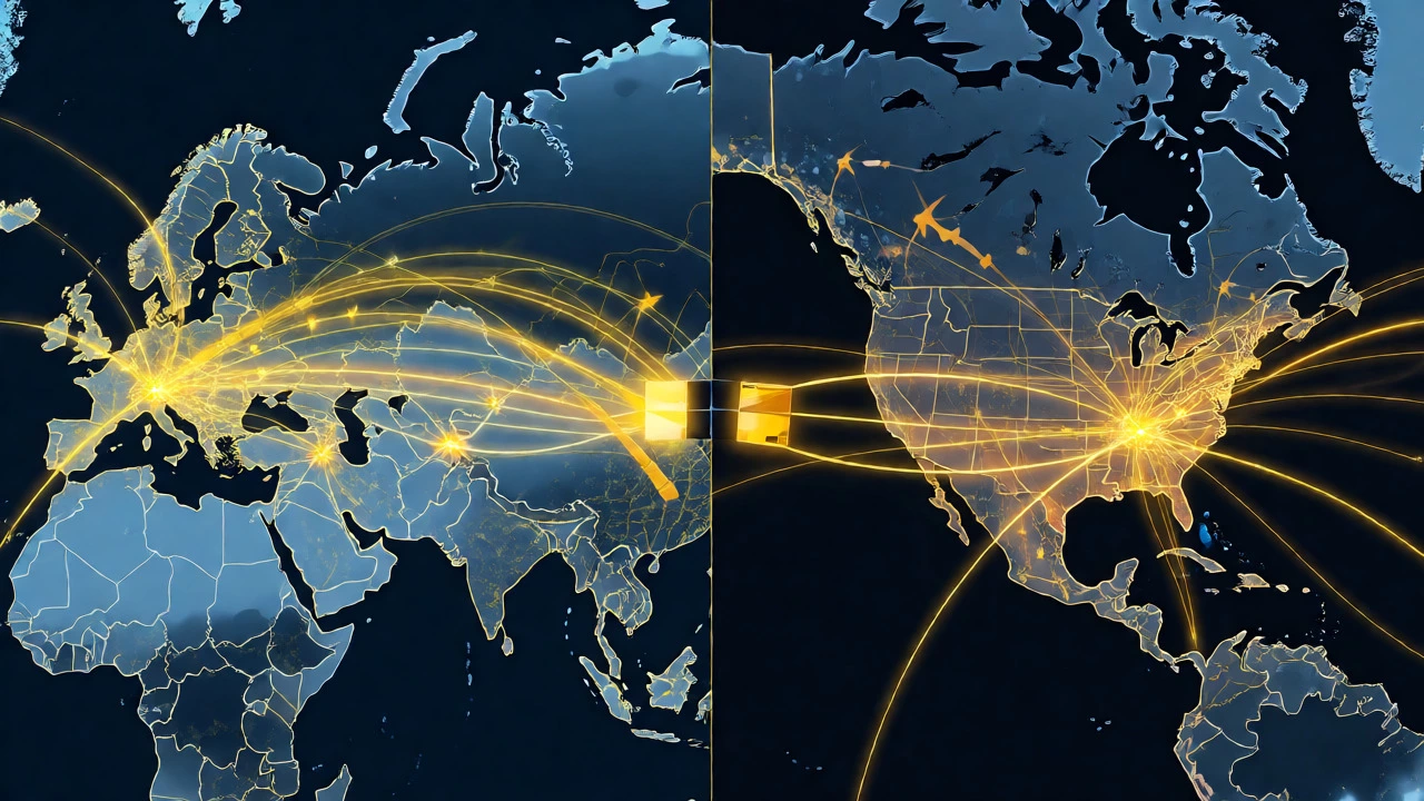 Split screen map showing DHL Europe-Asia and UPS US networks