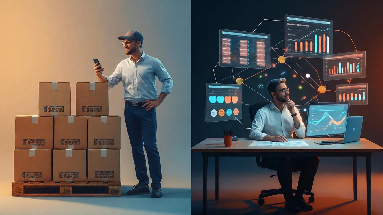 Split view comparing a simple seller using basic fulfillment versus a brand managing complex supply chains.