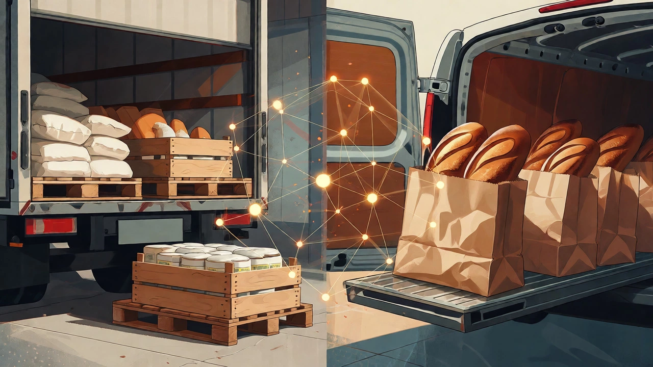 Split view of bakery receiving raw ingredients and shipping finished bread.