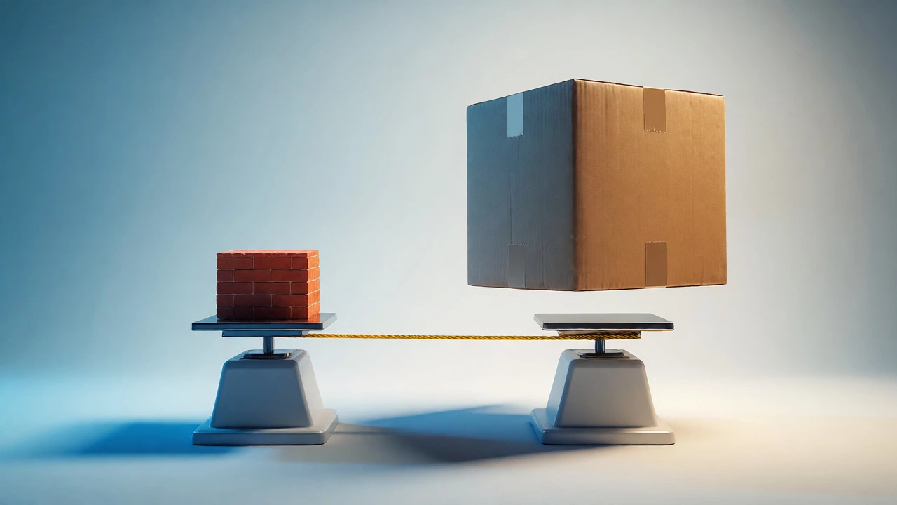 Visual comparison of actual weight versus dimensional weight using scales and boxes.