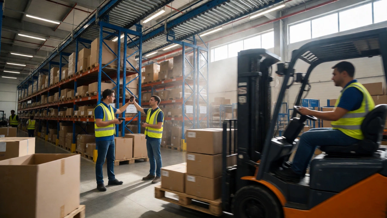 Warehouse scene showing forklift operators and inventory specialists working amidst automated systems.