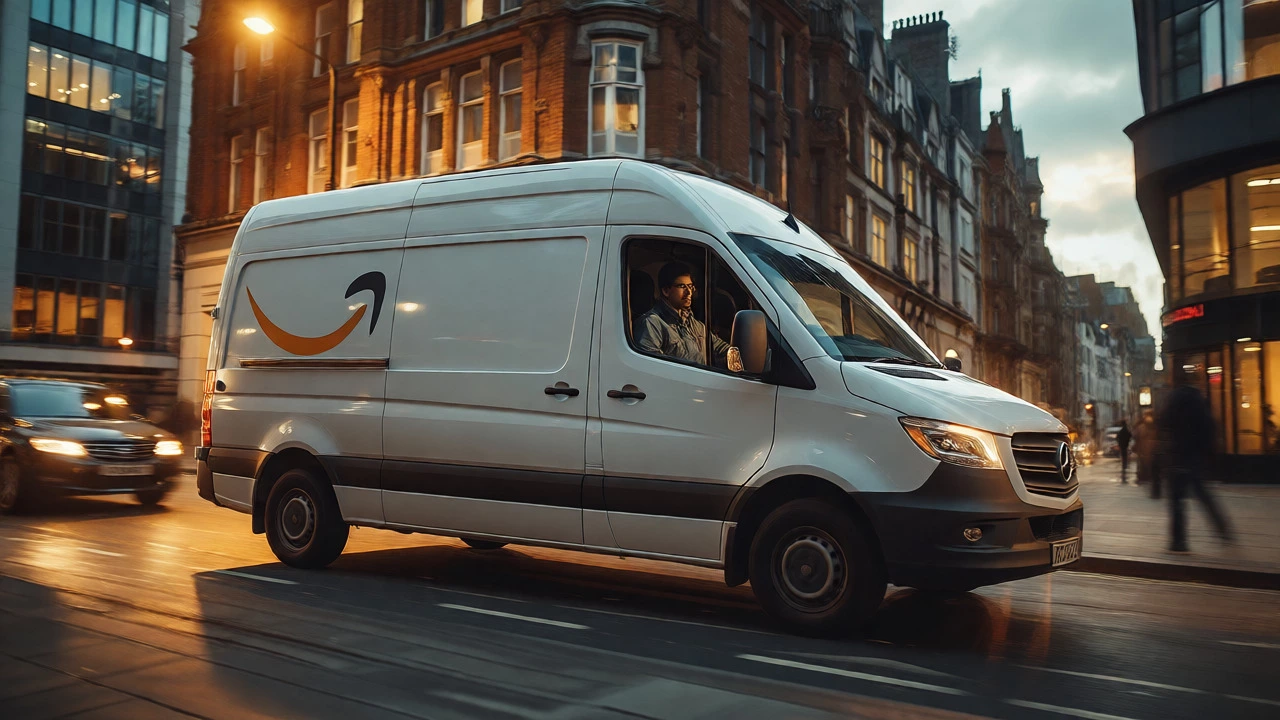 White delivery van driving through a city street at dusk during last-mile delivery.